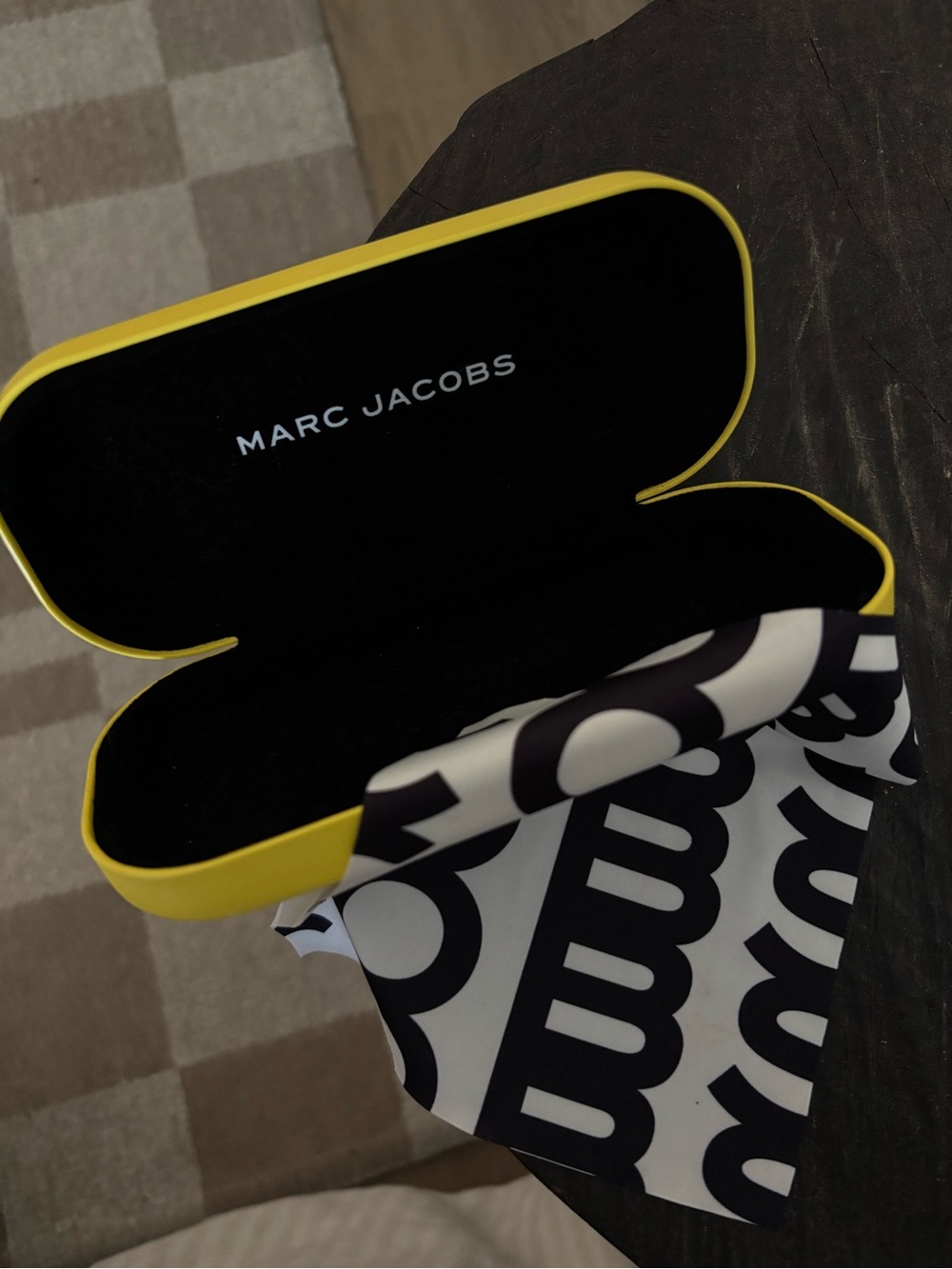 Marc Jacobs Yellow Eyewear Case with Black Interior and Logo Cloth